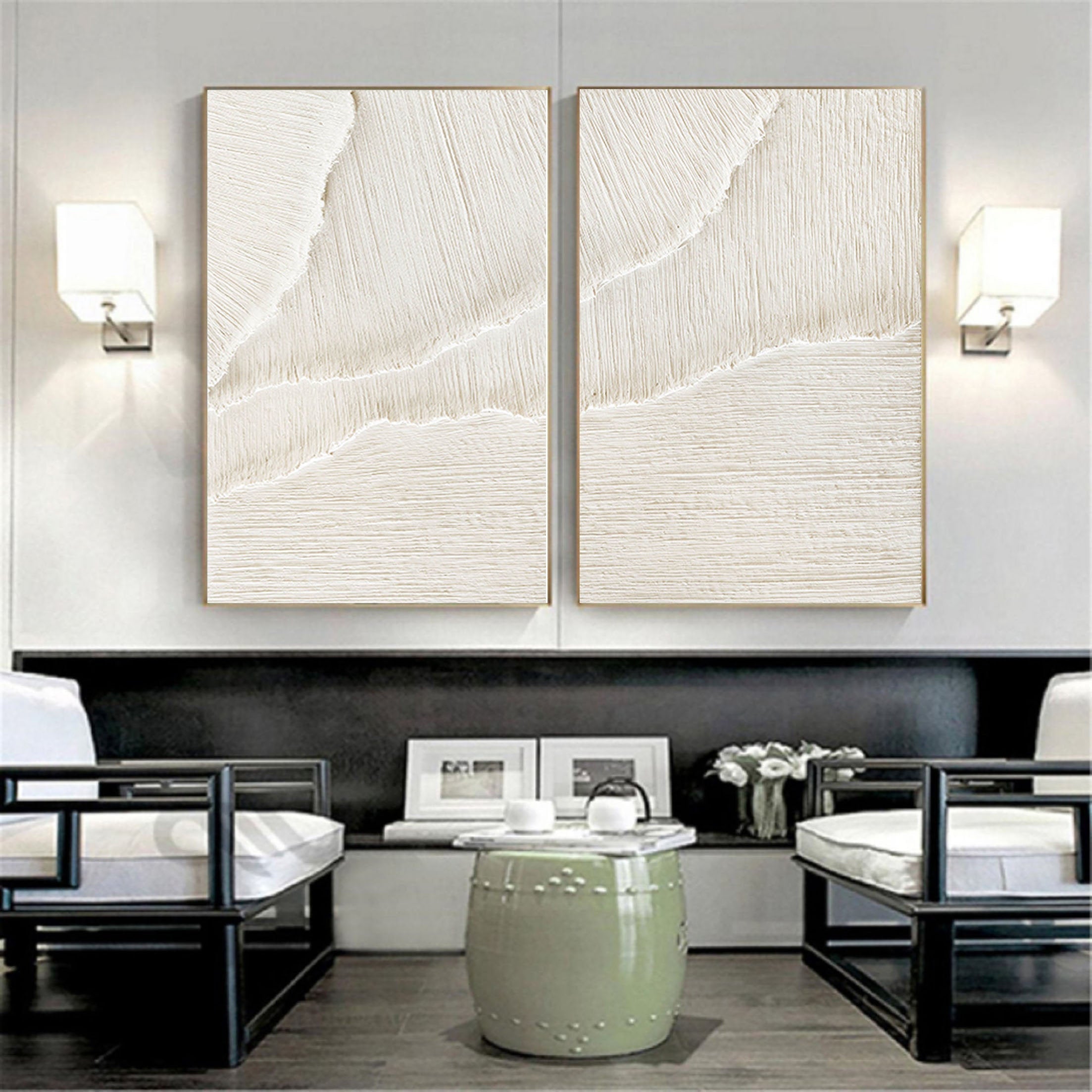 White Beige Minimalist Abstract Painting SET OF 2 #AVG 027
