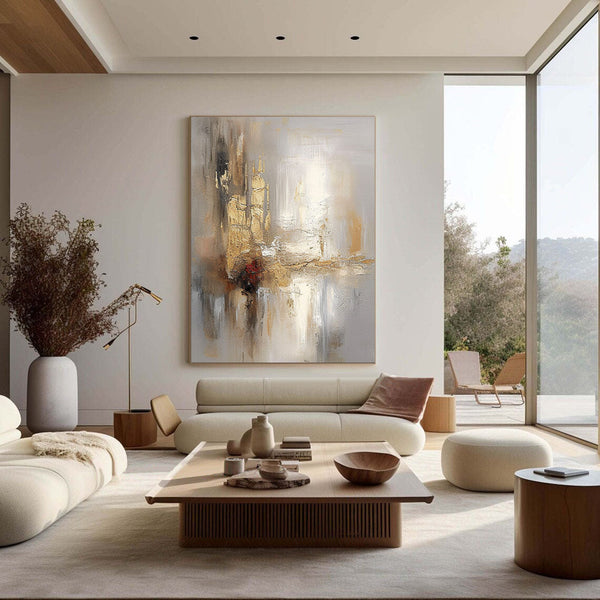 Grey And Beige Abstract Painting Gold Foil Texture Painting#AVG 00304