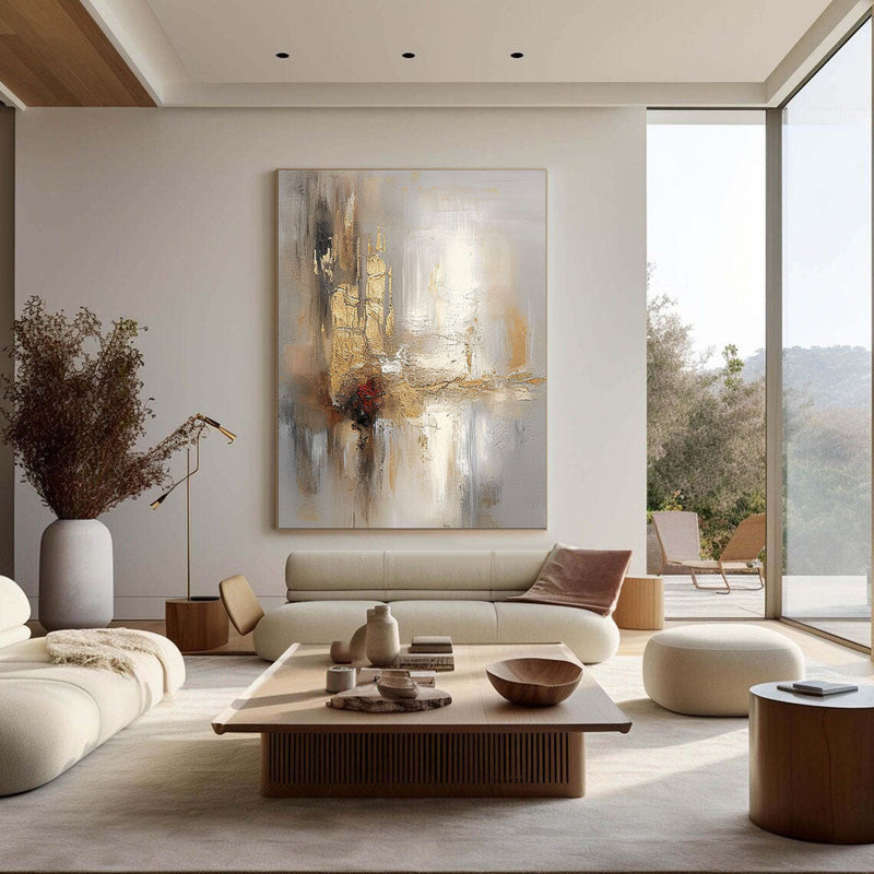 Grey And Beige Abstract Painting Gold Foil Texture Painting#AVG 00304
