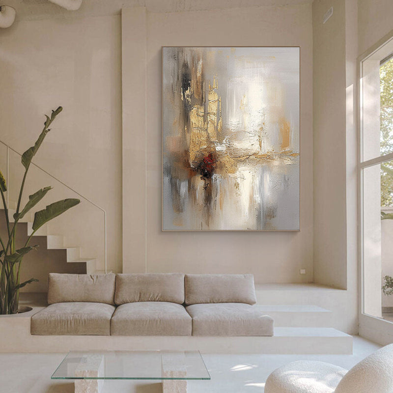 Grey And Beige Abstract Painting Gold Foil Texture Painting#AVG 00304