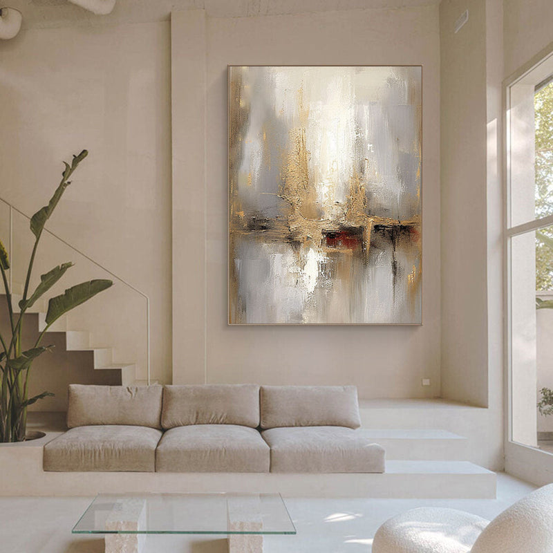 Grey And Beige Abstract Painting Gold Foil Texture Painting#AVG 00203