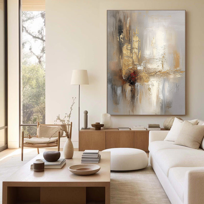 Grey And Beige Abstract Painting Gold Foil Texture Painting#AVG 00304