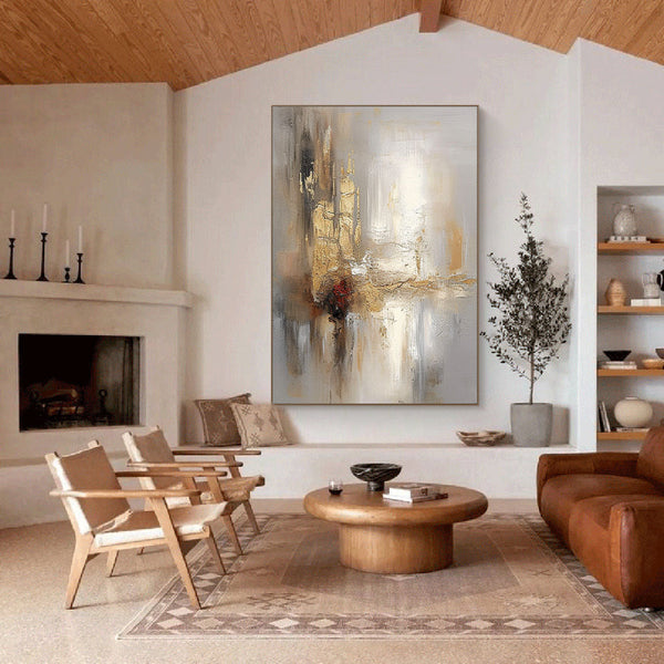 Grey And Beige Abstract Painting Gold Foil Texture Painting#AVG 00304