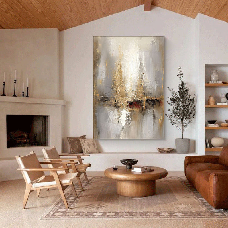 Grey And Beige Abstract Painting Gold Foil Texture Painting#AVG 00203
