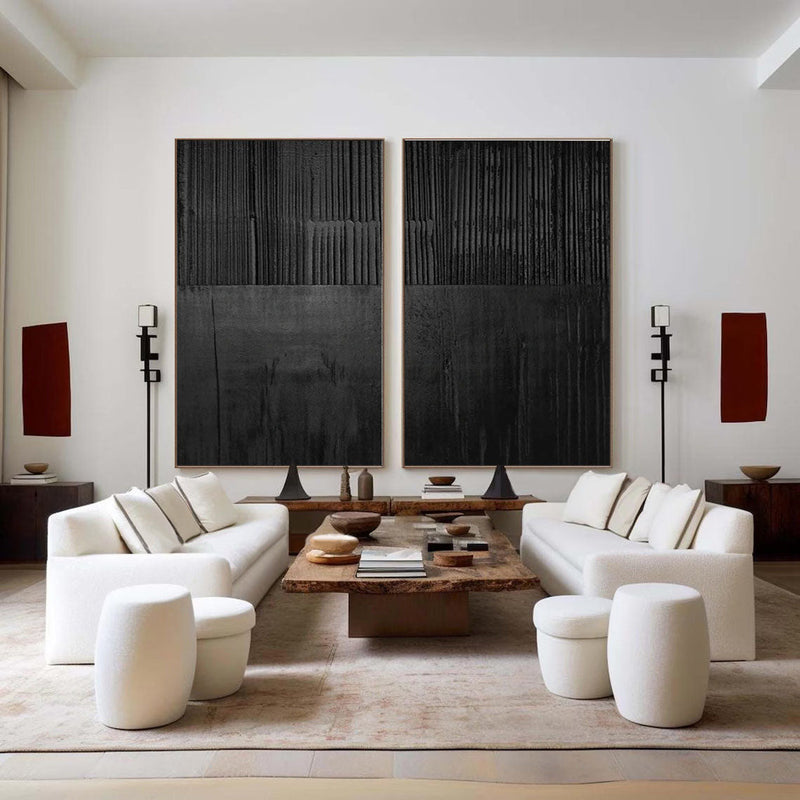 Black Minimalist Abstract Painting Set of 2