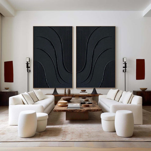 Black Minimalist Abstract Canvas Art Set of 2