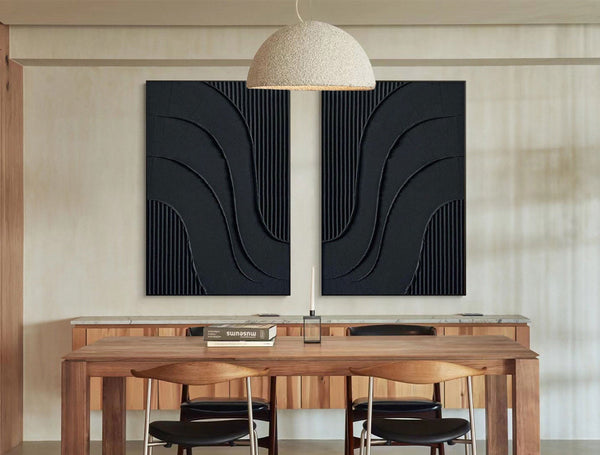 Black Minimalist Abstract Canvas Art Set of 2