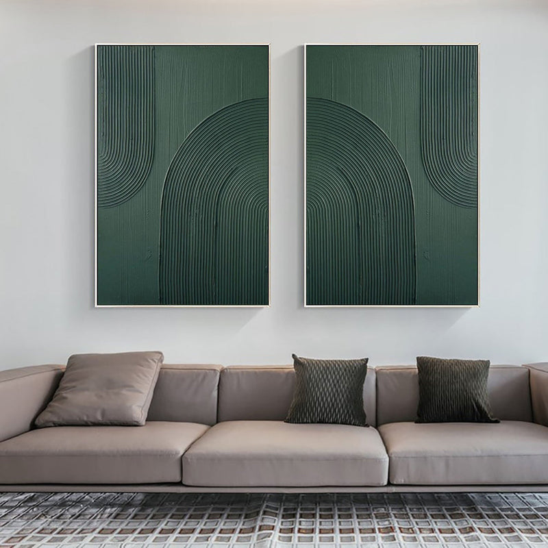 Dark Green Textured Abstract Canvas Art - Set of 2