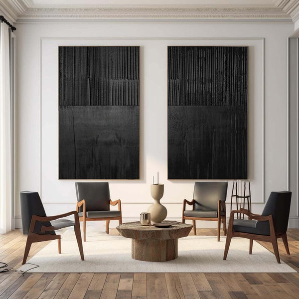 Black Minimalist Abstract Painting Set of 2