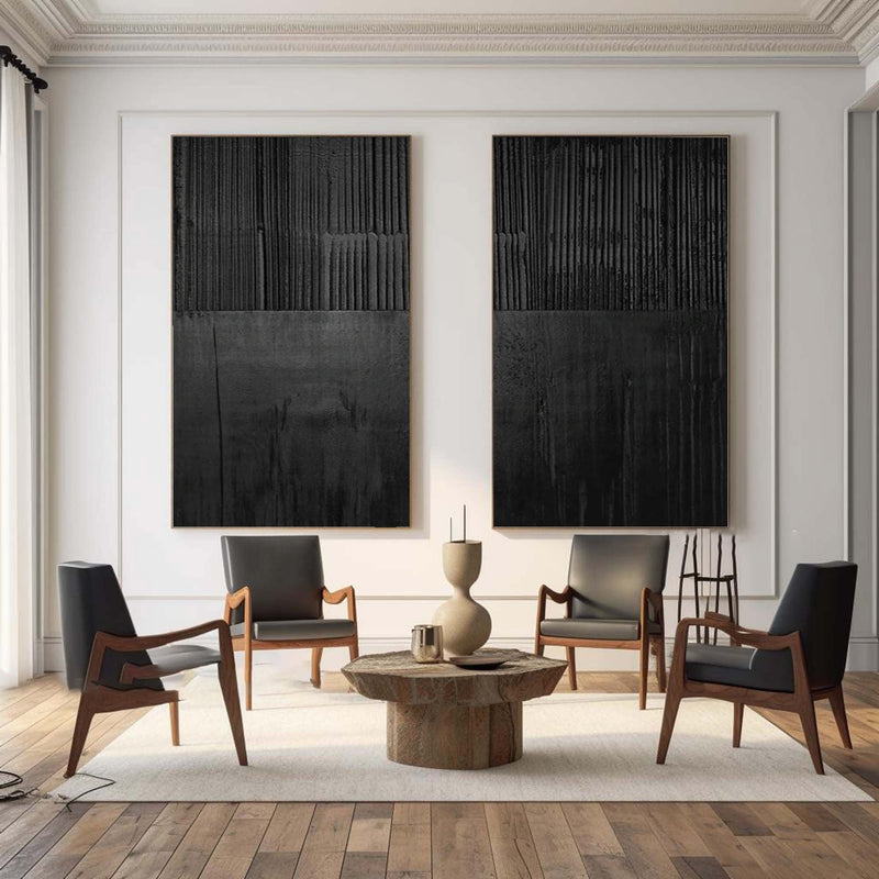 Black Minimalist Abstract Painting Set of 2