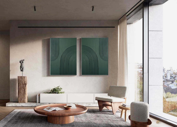 Dark Green Textured Abstract Canvas Art - Set of 2