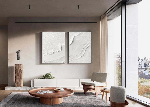 White Plaster 3D Textured Minimalist Abstract Art on Canvas SET OF 2