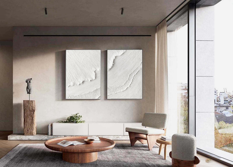White Plaster 3D Textured Minimalist Abstract Art on Canvas SET OF 2