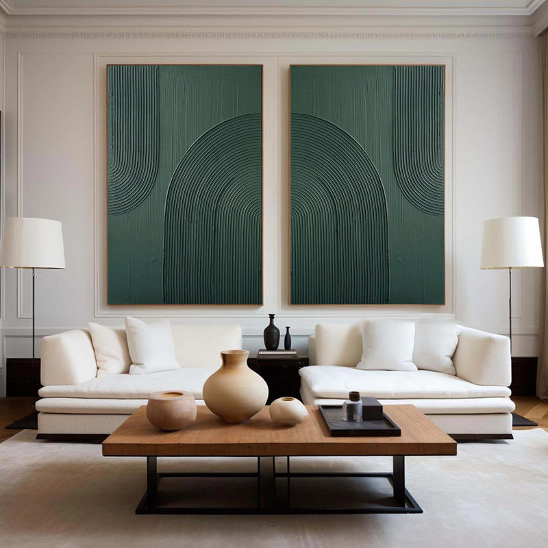 Dark Green Textured Abstract Canvas Art - Set of 2