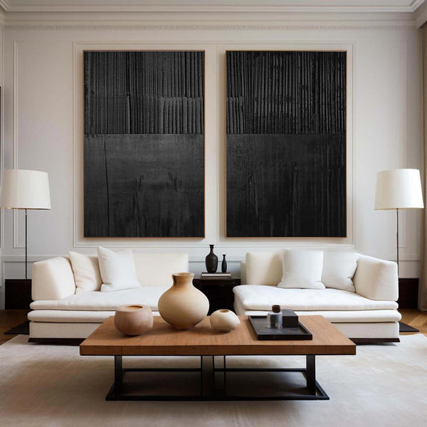 Black Minimalist Abstract Painting Set of 2