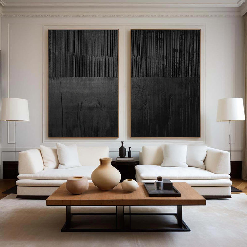 Black Minimalist Abstract Painting Set of 2