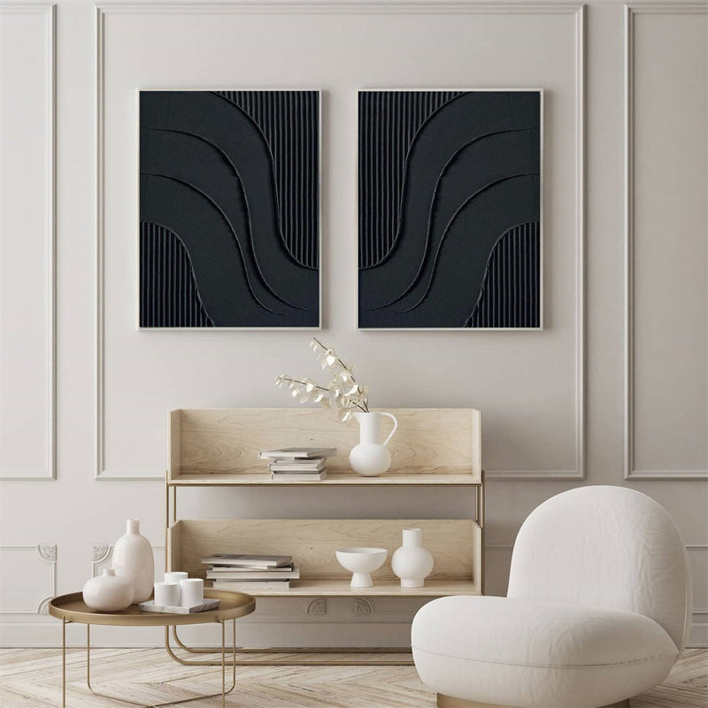 Black Minimalist Abstract Canvas Art Set of 2