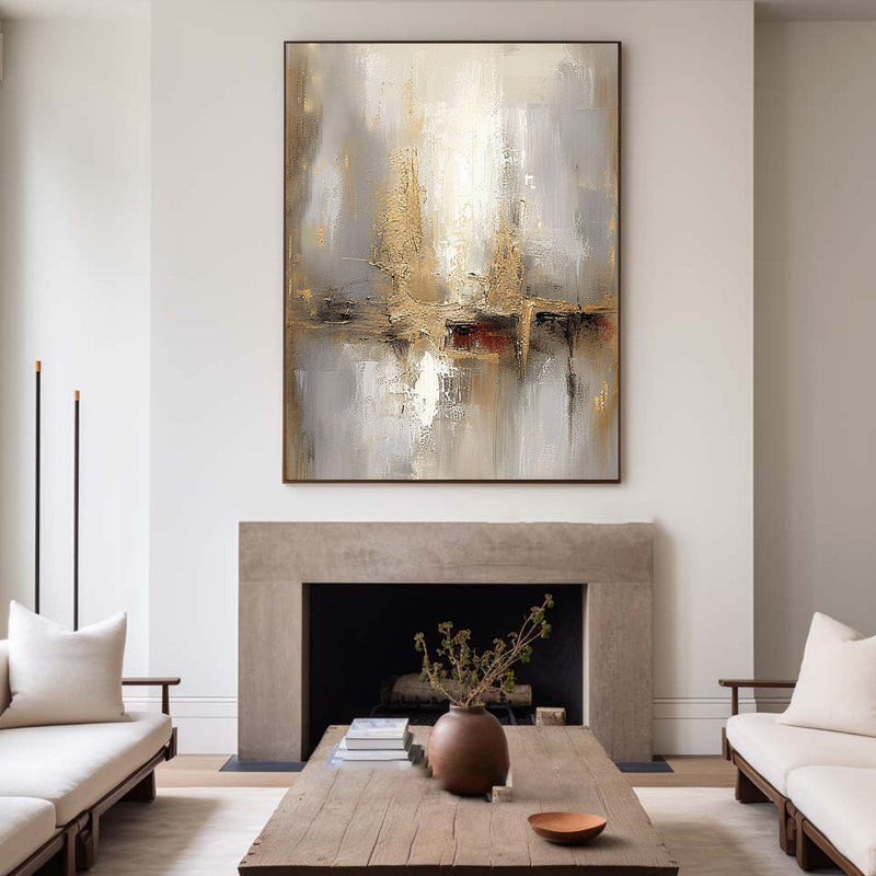 Grey And Beige Abstract Painting Gold Foil Texture Painting#AVG 00203