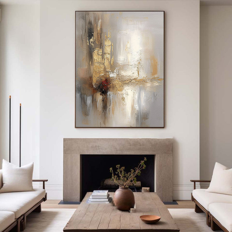 Grey And Beige Abstract Painting Gold Foil Texture Painting#AVG 00304