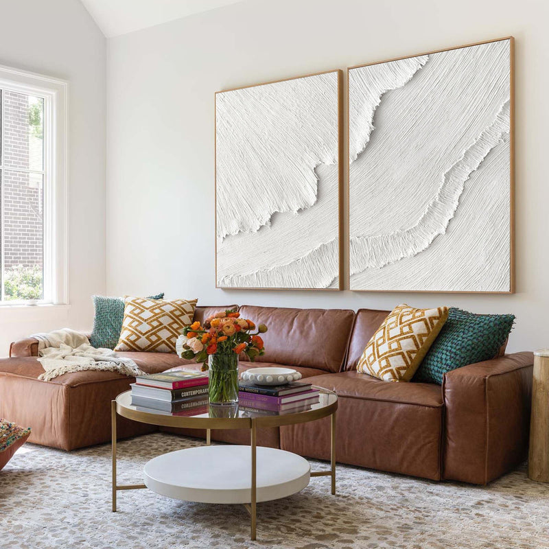 White Plaster 3D Textured Minimalist Abstract Art on Canvas SET OF 2