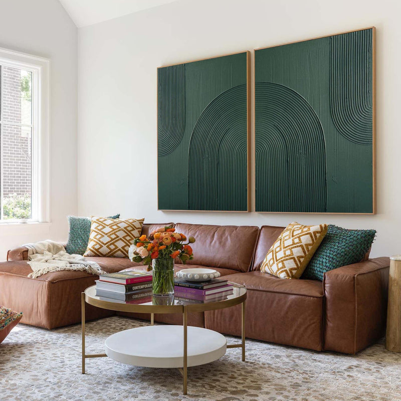 Dark Green Textured Abstract Canvas Art - Set of 2