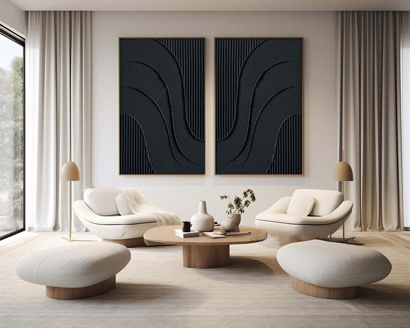 Black Minimalist Abstract Canvas Art Set of 2