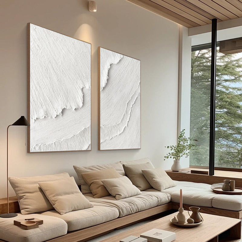White Plaster 3D Textured Minimalist Abstract Art on Canvas SET OF 2