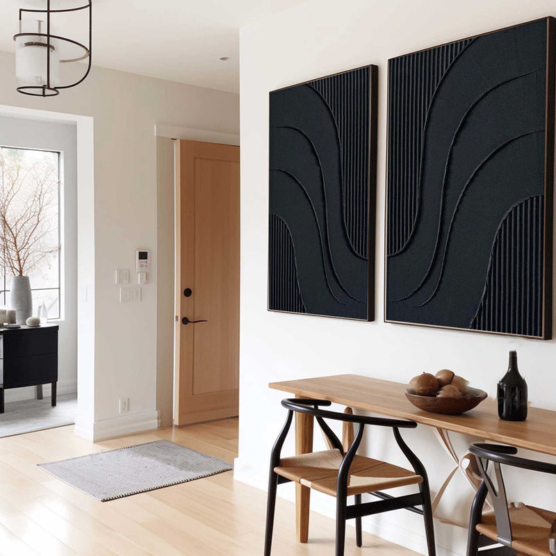 Black Minimalist Abstract Canvas Art Set of 2