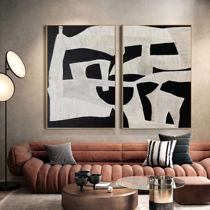 Modern Black and White Abstract Textured Canvas Art - Set of 2