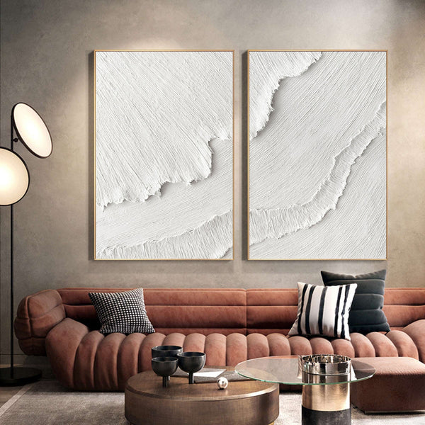 White Plaster 3D Textured Minimalist Abstract Art on Canvas SET OF 2