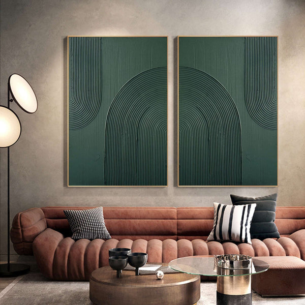 Dark Green Textured Abstract Canvas Art - Set of 2
