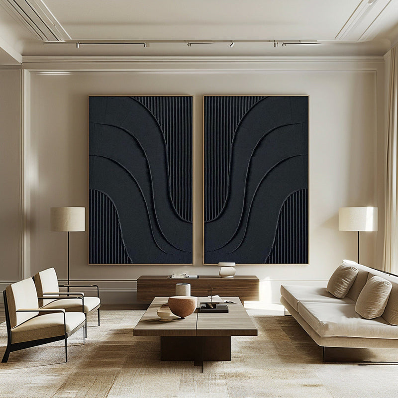 Black Minimalist Abstract Canvas Art Set of 2