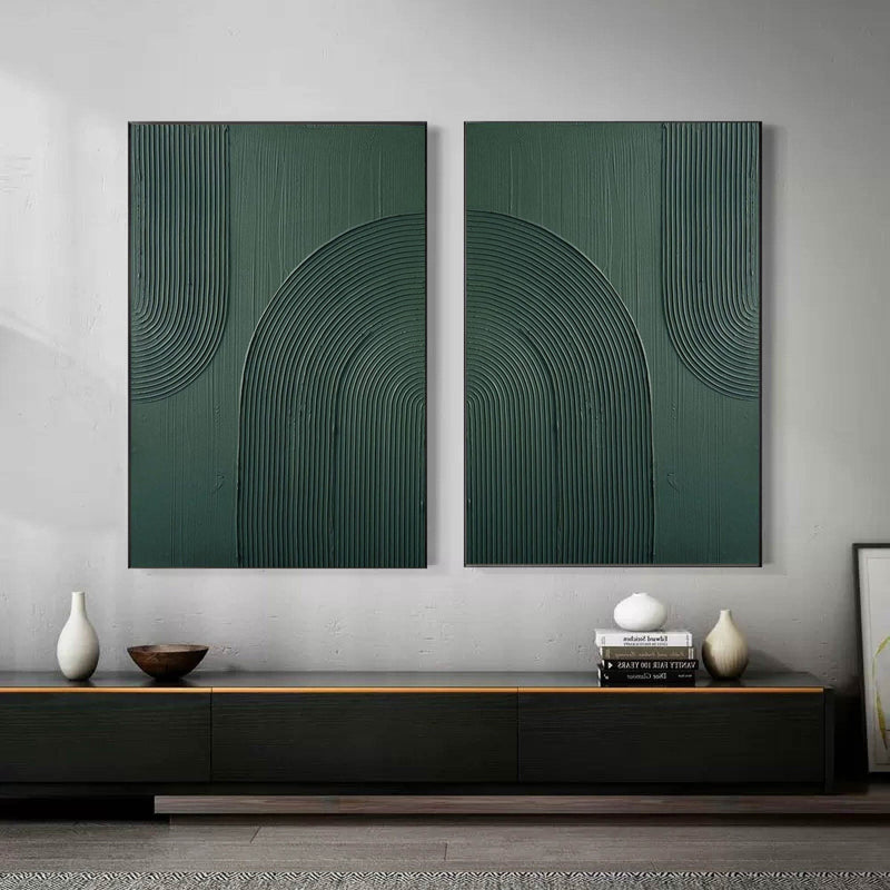 Dark Green Textured Abstract Canvas Art - Set of 2