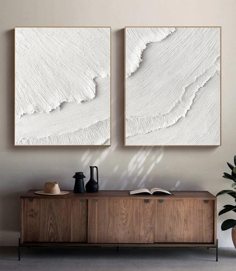 White Plaster 3D Textured Minimalist Abstract Art on Canvas SET OF 2