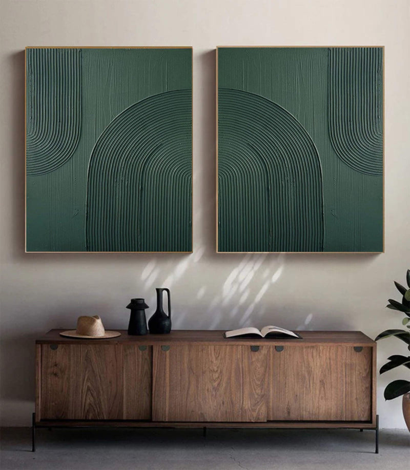 Dark Green Textured Abstract Canvas Art - Set of 2