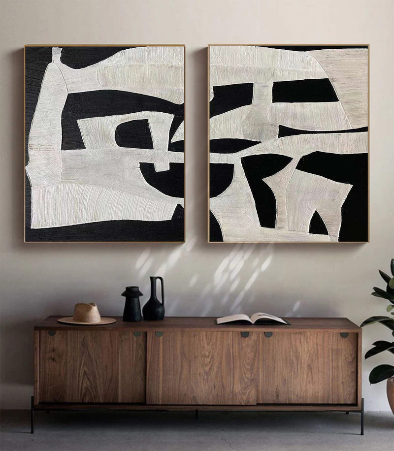 Modern Black and White Abstract Textured Canvas Art - Set of 2