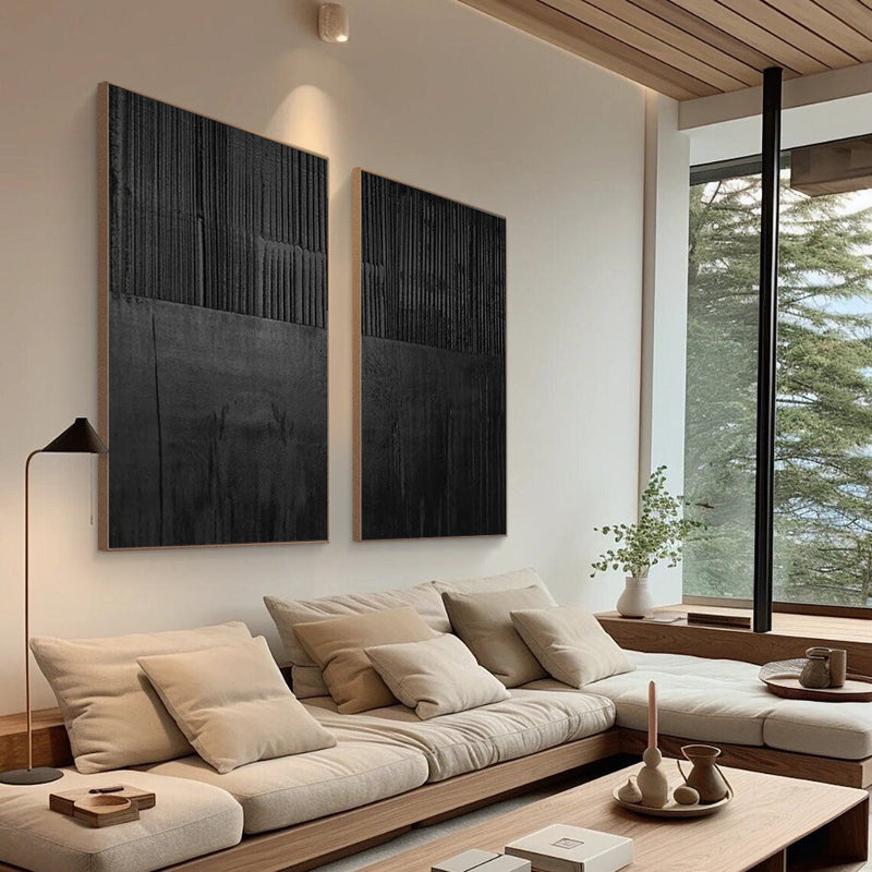 Black Minimalist Abstract Painting Set of 2