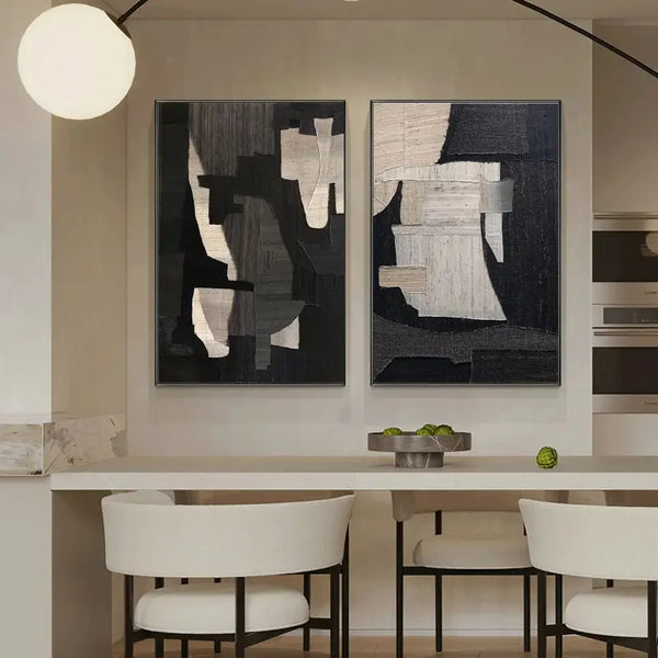 Monochrome Geometric Harmony Abstract Painting Set of 2