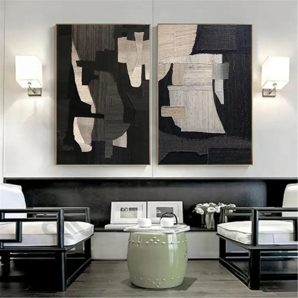 Monochrome Geometric Harmony Abstract Painting Set of 2