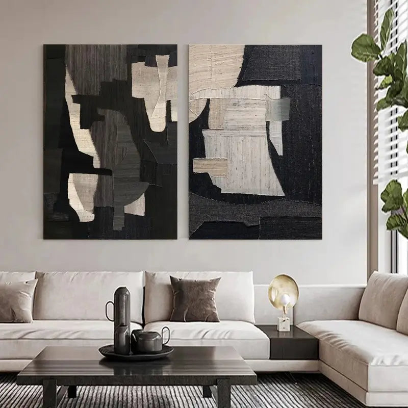 Monochrome Geometric Harmony Abstract Painting Set of 2