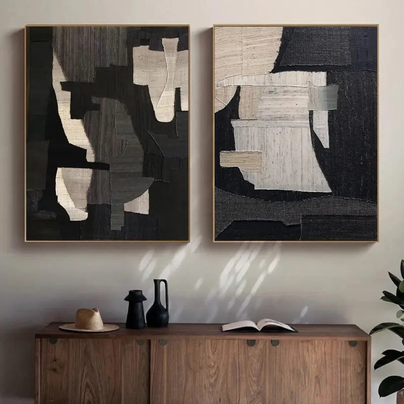 Monochrome Geometric Harmony Abstract Painting Set of 2