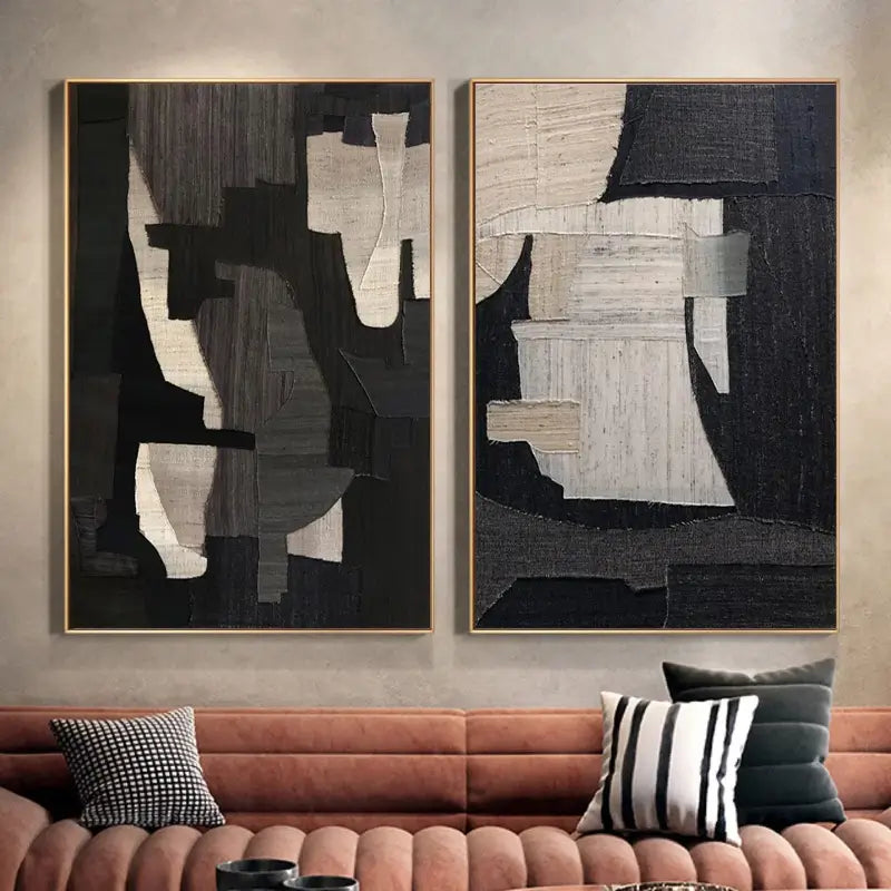 Monochrome Geometric Harmony Abstract Painting Set of 2