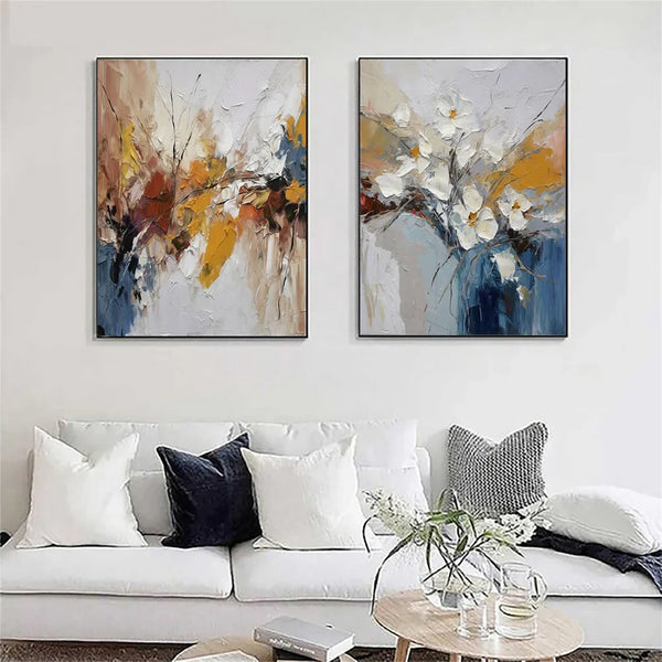 Abstract Flower and Tree Painting Set of 2 - Colorful Modern Canvas Wall Art