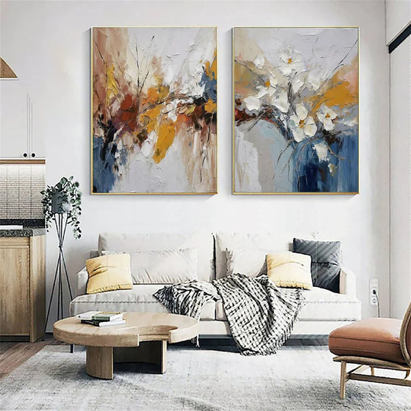 Abstract Flower and Tree Painting Set of 2 - Colorful Modern Canvas Wall Art