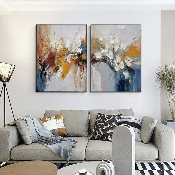 Abstract Flower and Tree Painting Set of 2 - Colorful Modern Canvas Wall Art