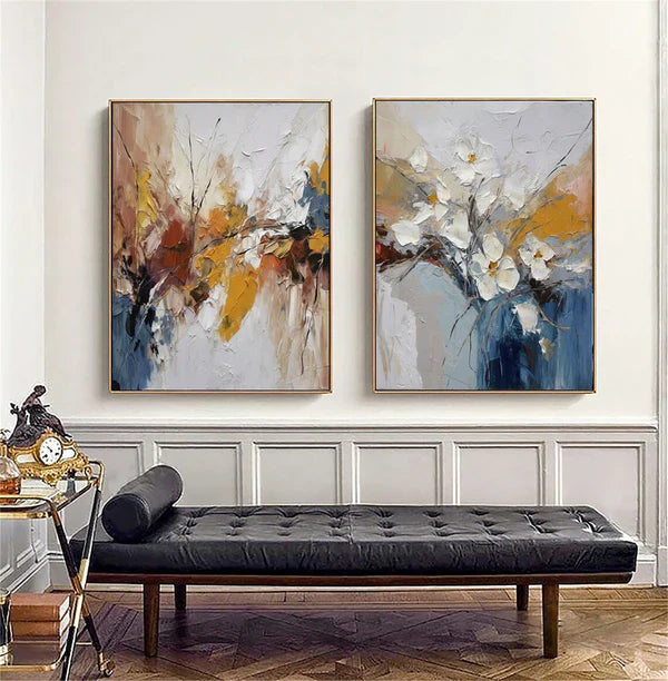 Abstract Flower and Tree Painting Set of 2 - Colorful Modern Canvas Wall Art