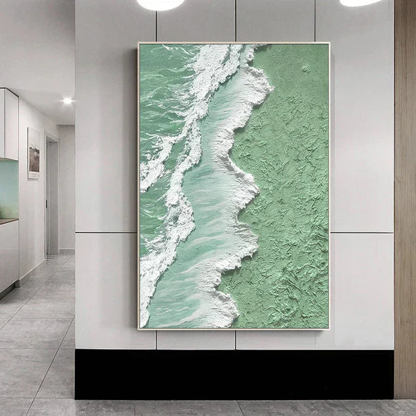 Green and White Ocean Shoreline Textured Canvas Art