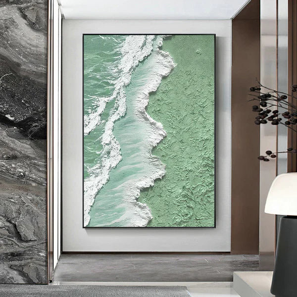 Green and White Ocean Shoreline Textured Canvas Art